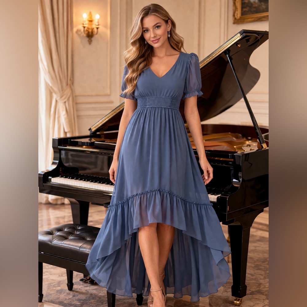 Romeo & Juliet Couture Dusty Blue V-Neck High-Low Chiffon Dress
